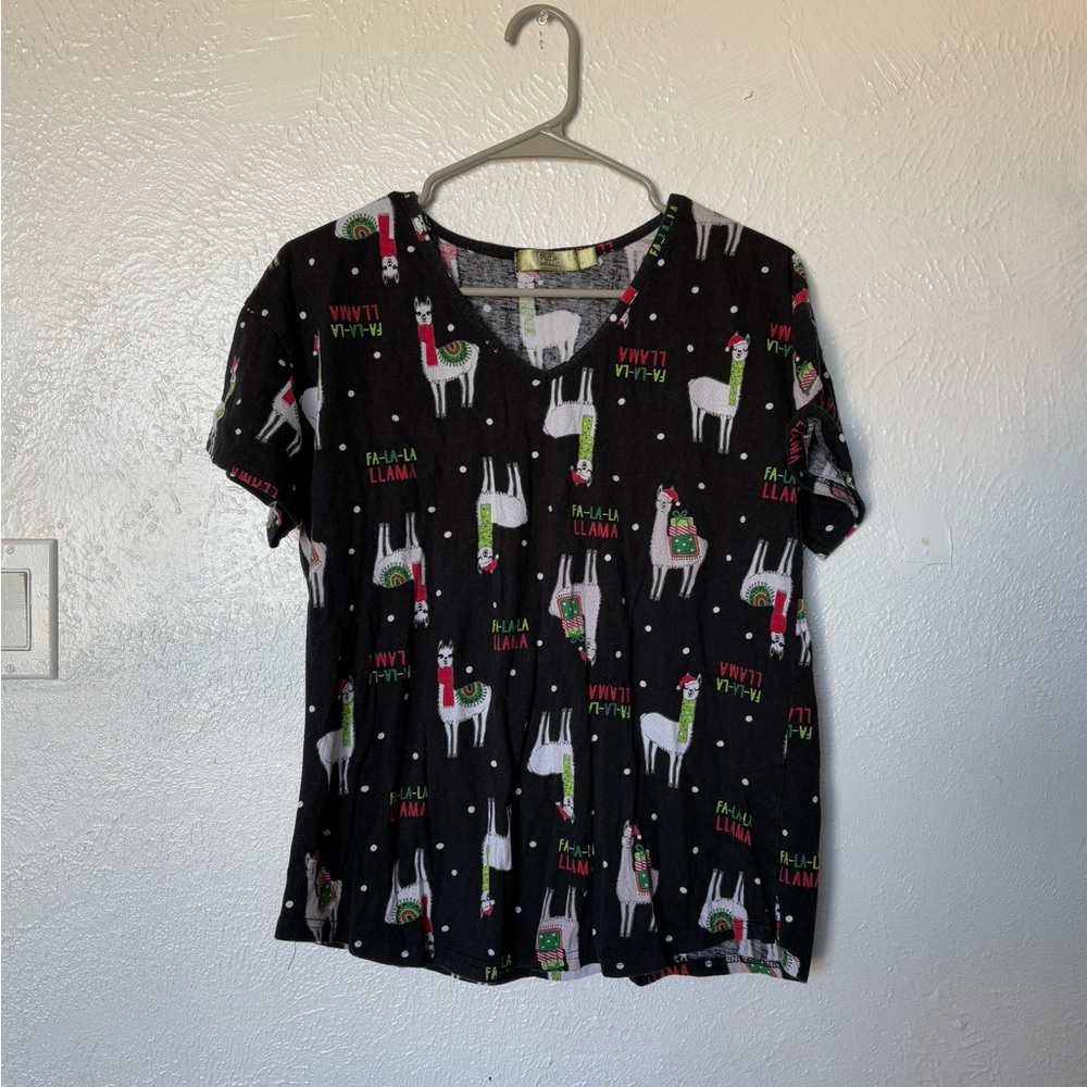 Black Christmas Llama Print Women's Pajama Top
